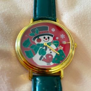 Vintage Snowman Green Leather Band Wristwatch